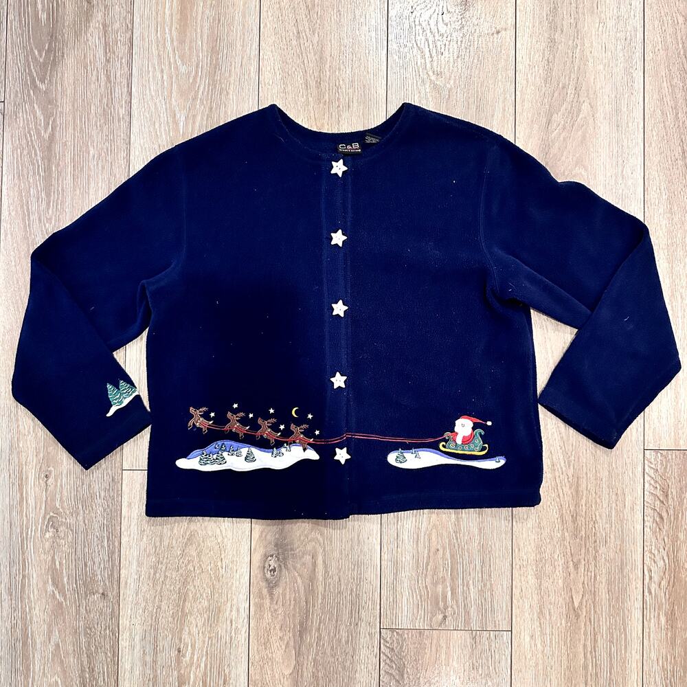 Navy Blue Cute Funny Christmas Crop Fleece Lightweight Kidcore Sweater Large